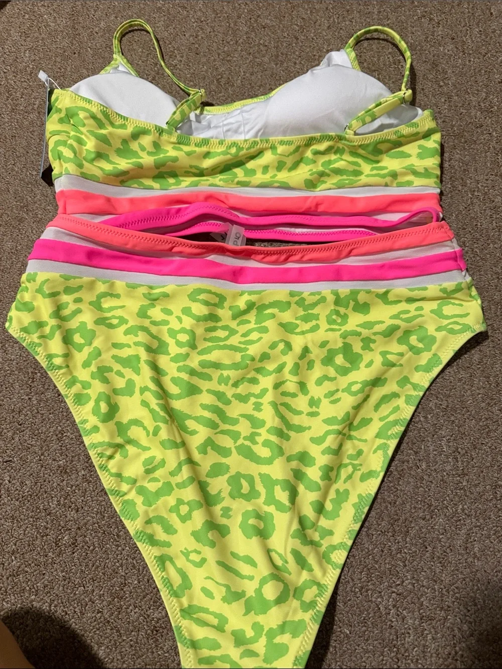 Neon Lime Animal-Print Bikini with Pink Stripe Accents - Picture 3 of 5